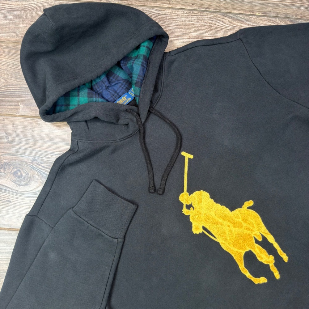 Polo Ralph Lauren Mens XLT Hoodie Black Yellow Big Pony Plaid Lined Hood Good
